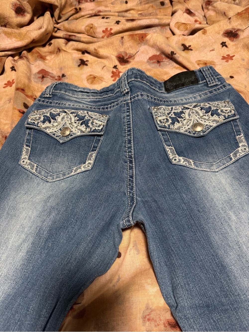 Soundgirl Medium Blue Straight Leg Jeans with Embroidered Back Pockets